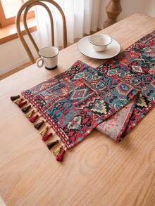 قطعة واحدة من الجاكار المزود بشرابة ، مناسب لزينة غرفة المعيشة والنوم وغرفة الطعام ، لمفرش الطاوله اليومي والأعياد - متعدد الألوان - مشاهدة 1