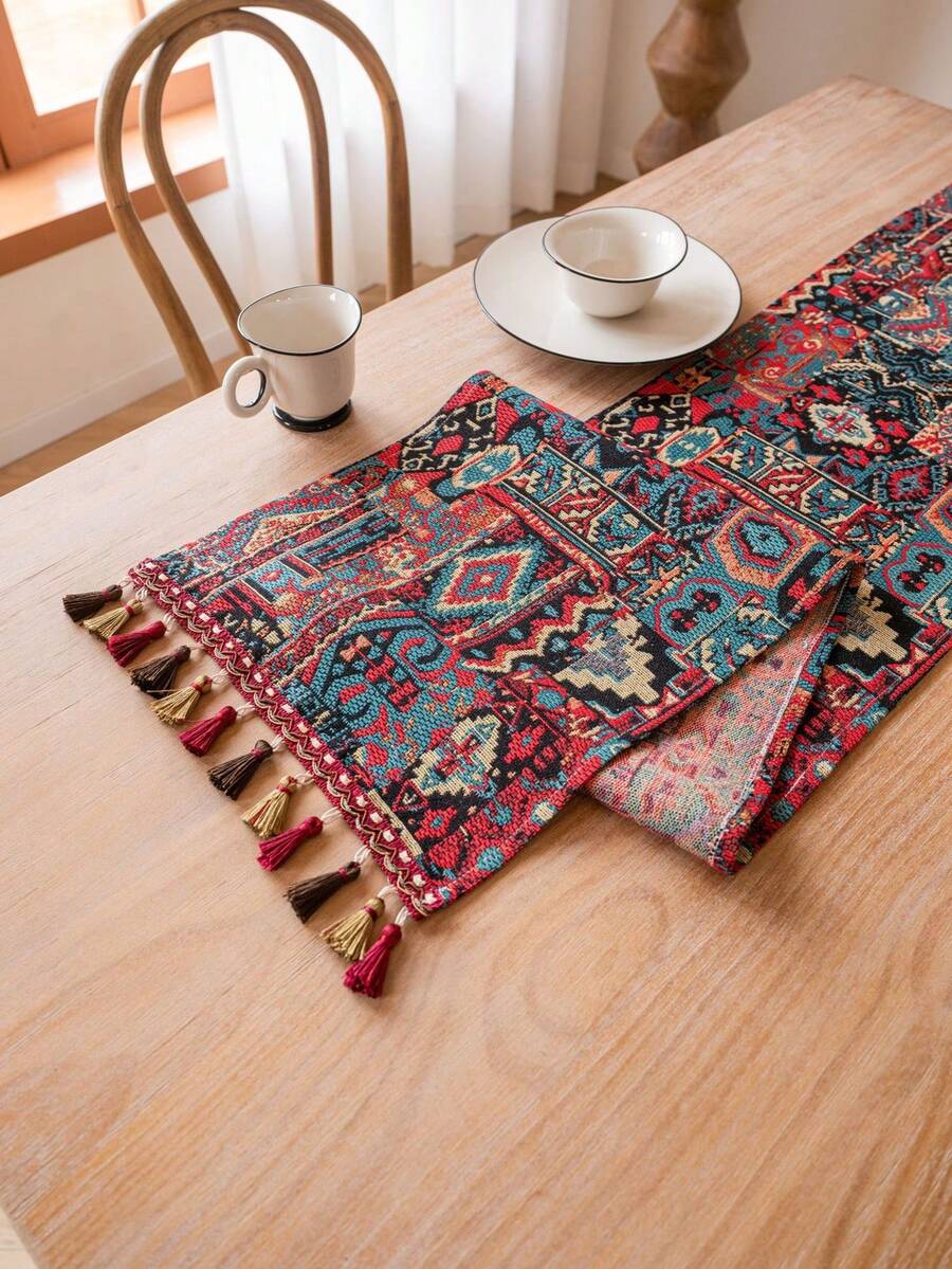 قطعة واحدة من الجاكار المزود بشرابة ، مناسب لزينة غرفة المعيشة والنوم وغرفة الطعام ، لمفرش الطاوله اليومي والأعياد - متعدد الألوان - مشاهدة 1