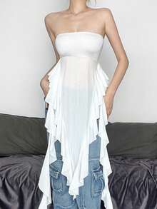 Off Shoulder Ruffled Hem Slim Fitted Solid Color Sleeveless Crop Top - White - View 1