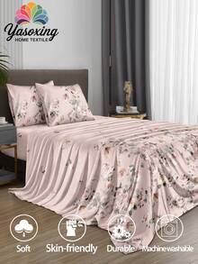 Juego de sábanas de 4 piezas con estampado de flores rosas y hojas verdes, compuesto por: 1 sábana ajustable, 1 sábana plana, 2 fundas de almohada (sin incluir el relleno). Juego de sábanas de lujo con bolsillo profundo de hasta 11,8 pulgadas para cama King, Queen, Full o Twin, suave, transpirable y antiarrugas, perfecto para un sueño reparador. Estilo de hotel de lujo, ideal como regalo para mamá, papá, amigos o para la habitación del estudiante. - Rosa - Ver 2