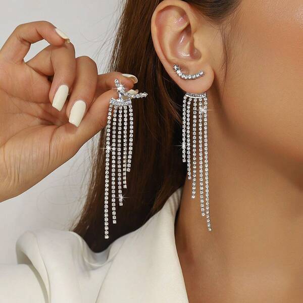 Curved Rhinestone Tassel Drop Dangle Earrings For Women, Silver Tone