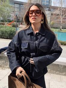 SHIBASHAN 女款超大休闲翻领牛仔夹克配腰带长袖单排扣外套