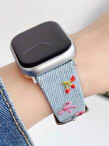 1 Stück Armband mit Stickerei für Damen, Blumen, Kirsche, Waschbares Denim-Leder, passend für Band 38mm 40mm 41mm 42mm 44mm 45mm 49mm S10 42mm S10 46mm, Stylisch, Niedlich, Bequem austauschbares Band kompatibel mit Series Ultra 2