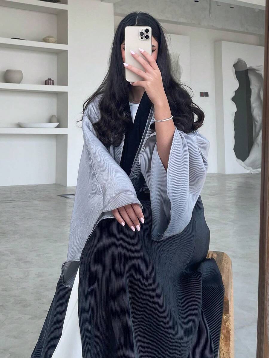 1 Piece Of Fashionable Simple Tie-Dye Wrinkle Print Gradient Women's Solid Color Middle Eastern Clothing Long Skirt Fashionable And Elegant Cardigan Dress Robe Abaya Suitable For Daily Festivals