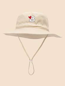 1 pieza Sombrero de sol para niños con patrón de corazón y letra, con cordón ajustable a prueba de viento, estilo casual tipo cubo para uso diario al aire libre, playa, protección solar - Beis - Ver 9