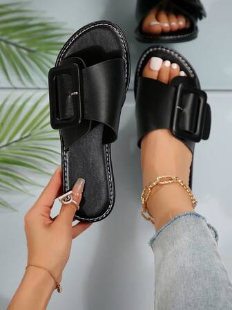 Sandalias planas de playa de estilo casual, de unicolor, con puntera abierta y sin cordones, de estilo europeo y de Oriente Medio, para mujer