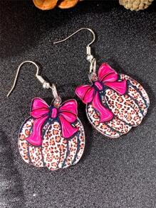 1 Pair Charming Leopard Bow Ribbon & Pumpkin Acrylic Drop Earrings, Perfect Thanksgiving Gift, Cute Holiday Style For Daily Wear, Women