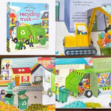 Lachilly Série de livros Peep Inside da Usborne - Como funciona um avião/ Como funciona um caminhão de reciclagem/ Como funciona um carro de bombeiros/ Como funciona um guindaste, livro ilustrado infantil, atividade interativa pré-escolar, livro de inglês para aprendizagem precoce