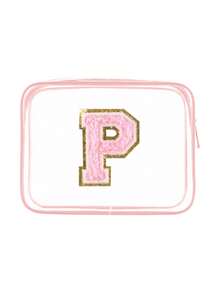 1个透明PVC便携式收纳袋，带毛巾，绣有字母A-Z，大容量化妆品收纳包，防水，带拉链，化妆包，化妆品袋，旅行收纳包，美妆包，可装口红