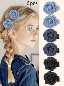 6pcs Cowboy Camellia Hair Clips For Girls Exquisite Flower Hairpins For Daily Wear - Multicolor - View 2
