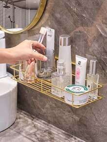 1pc Bathroom Wall Mounted Storage Rack, Metallic Gold Bathroom Organizer Shelf For Vanity, Skincare, Makeup Products, Kitchen Wall Mounted Shelf Back To School Bathroom Accessories - 1 Pack - Golden Large Size - View 4