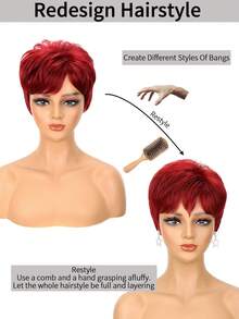 Women's Short Pixie Wig 6 Inches Red Straight Hair Fashionable Chemical Fiber Wig With Bangs, Fluffy Layered, High Density, Heat-Resistant Fiber, Breathable Rose Mesh Cap, Suitable For Daily Party Wear Halloween Carnival Music Festival Use - Red - View 6