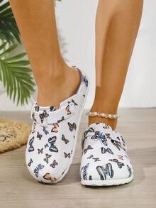 Women's Fashion Slip-On Nurse Shoes, White EVA Flat Slippers With Butterfly Water Print, Protective Toe Work Shoes For Doctors/Nurses, Non-Slip & Wear-Resistant - White Butterfly - View 5