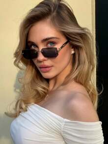 1 Pair Rectangular Frameless Fashion Glasses, , Retro Metallic Classic Decor, Suitable For Outdoor Travel, Beach Vacation, Elegant Matching For Women, Suitable For Family Outings, Travel, Vacation And Other Occasions - black gray - View 3