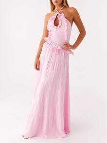 Y2k Maxi Skirt Set For Women Backless Lace Halter Top And Pleated Flowy Skirt Sets Beach Sheer Dress Summer 2 Piece Outfit Beach Set - 粉色 - 查看 3