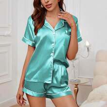 Summer Silk Satin Women Set Button Down Top & Shorts 2 Pieces Sleepwear Notched Collar Nightwear Loungewear Women - 藏蓝色 - 查看 8