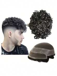 Men'S Kinky Curly Human Hair Wig Topper, 10x8 Inches, Natural Look Hair System Replacement, 100% Human Hair, Basic Style,Halloween Costumes - Natural Black - View 2