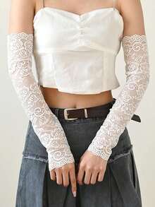 1 双时尚女士长款蕾丝袖套，轻薄透气，夏季防晒，新娘/派对配饰 - 卡其色 - 查看 5