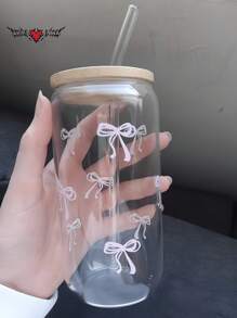 1 Set 16oz Transparent Coffee Mug With Bow Pattern, Includes Bamboo Lid & Straw, Large Capacity Outdoor Travel Portable Drink Juice Cup, Suitable For Summer And Winter, Birthday Party Holiday Gift, Christmas Present