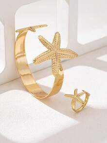 Bộ 1 Vòng tay sao biển bãi biển mùa hè và 1 Nhẫn sao biển kim loại có thể điều chỉnh, Trang sức nữ cho kỳ nghỉ bãi biển hàng ngày - Vàng - Xem 3