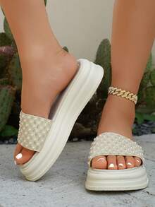 Women's Solid Color Bohemian Rhinestone Decorated Thick Sole Sandals, Fashion Buckle Strap Design Summer Flat Casual/Beach Slippers - Beige - View 2