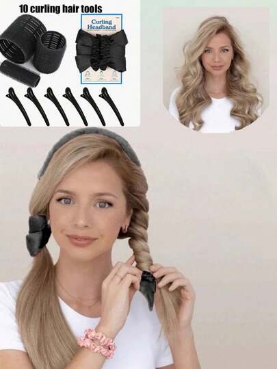 9 Stücke Lockenstäbe Set ohne Hitze + 1 Sport Stil Lockenkopfband, schlabbriger Haarschnitt Luft Pony Selbstklebender Lockenwickler, Plastikklemme, hitzefrei koreanischer Stil matte Finish Haarklammern Haarstyling Werkzeug