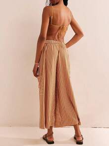 Women's Drawstring Striped Trousers Loose Wide Leg Casual Trousers Casual Paraiso Trousers With Pockets Trousers - 卡其色 - 查看 4