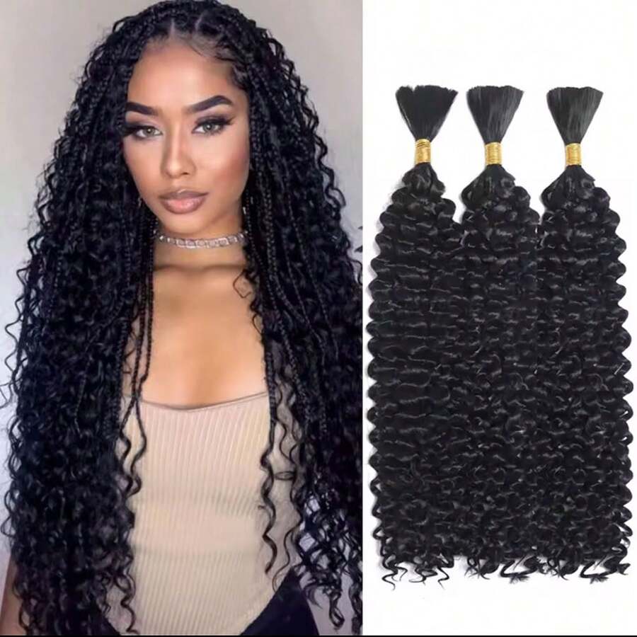 Human Braiding Hair Curly Water Wave Human Bulk Hair For Braiding No Weft 12A Brazilian Virgin Human Braiding Hair For Boho Braids Wet And Wavy Braids Extensions - Natural Black - 查看 1