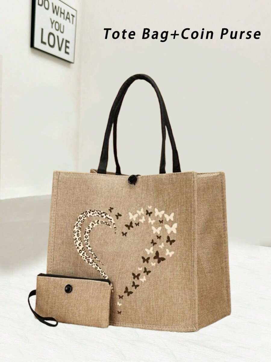 亚麻手提包托特包+零钱包，大容量亚麻手提包配一个小袋子，豹纹情书图案，大容量妈妈奶奶手提包 - 时尚单肩包，适合女士休闲手提包和购物，独特的情人节礼物，送给家人的最佳感恩节礼物，情人节快乐