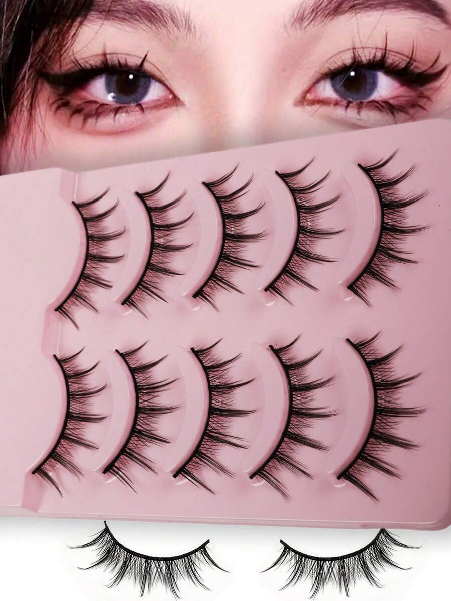 5对卡通动漫假睫毛，自然逼真，仿貂毛，轻盈蓬松，3D浓密，韩日风cosplay假睫毛，条状假睫毛 - 黑色 - 查看 1