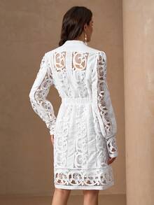 优雅女式立领褶饰腰部弹性 A 字连衣裙 - 白色 - 查看 2