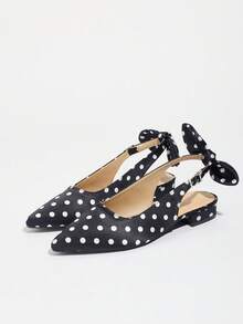 صنادل ذات كعب سميك من الساتان بنقشة نقاط للنساء ذوات الحجم الكبير، بتصميم أصبع قدم مدبب، باللون الأسود، بطراز فرنسي رجعي، مزينة بفيونكة، بدون ظهر، ماري جين، أحذية مريحة للربيع والصيف