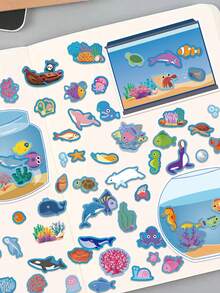 8片梦幻鱼缸拼图贴纸，适用于笔记本电脑、手册、滑板、收纳架、盒子、手机壳等。
