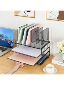 3 Tier Desk File Organizer With 5 Section Vertical File Holder, Metal Paper Tray File Holder Sorter Desk Organizers And Accessories For Office School, Detachable File Organizer For Desk(Black) - Black - View 5