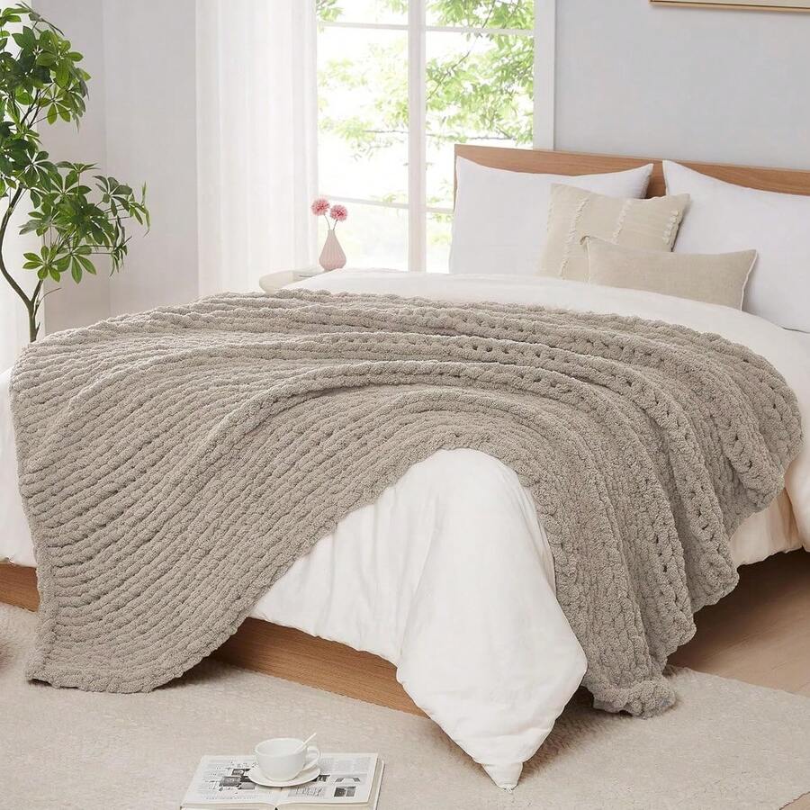 Chunky Knit Blanket - Soft Chenille Yarn Throws 40x50: Handmade Thick Cable Crochet Blanket - Large Chunky Yarn Rope Knot Throw For Couch, Sofa, Bed Home Decor - 淺亞麻色 - 查看 1