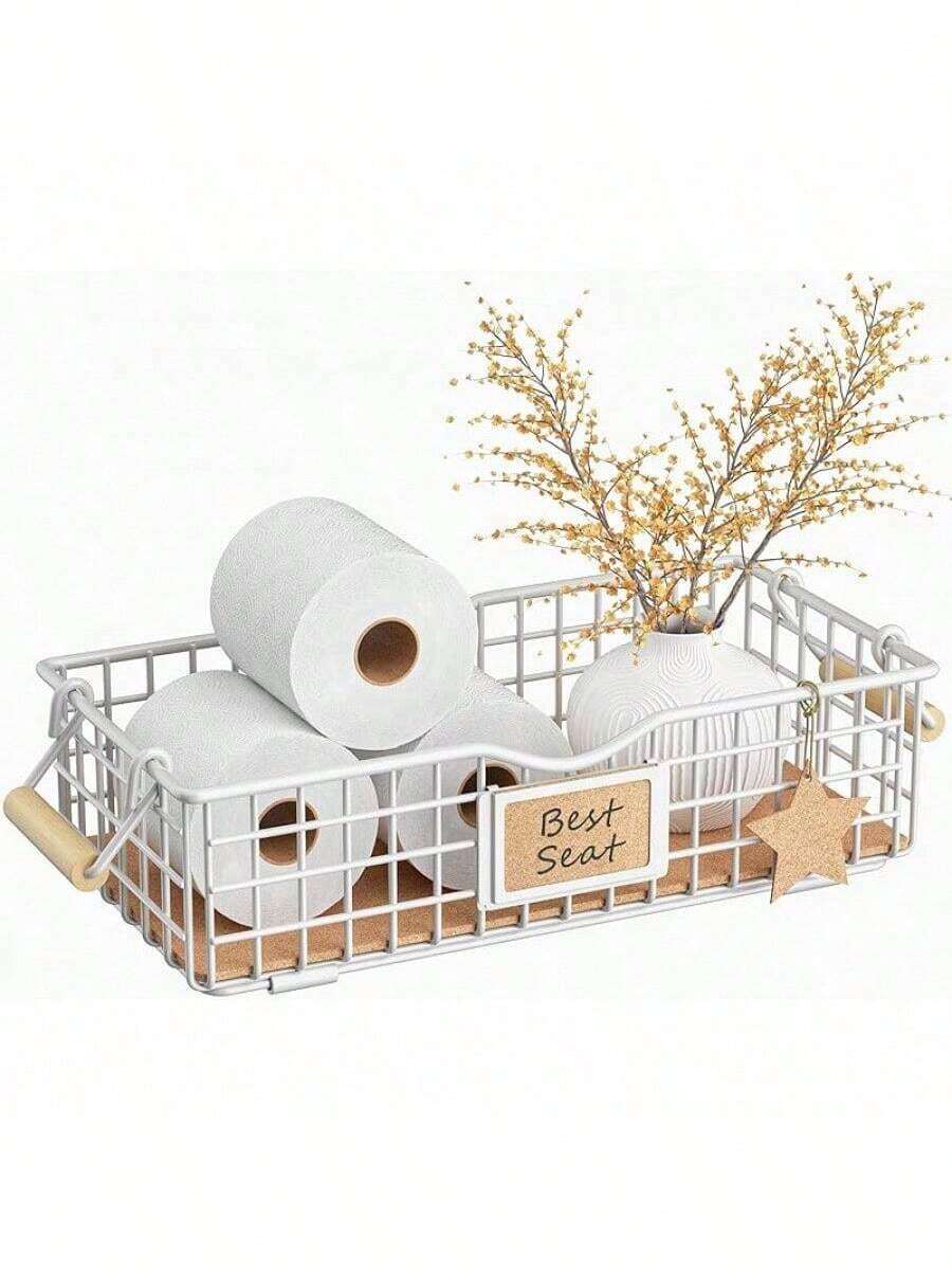 Toilet Paper Storage Basket, Toilet Tank Topper Basket For Bathroom, Cute Narrow Storage Basket For Toilet Tank Top, Bathroom Metal Basket For Bathroom Decor - White - White - View 1
