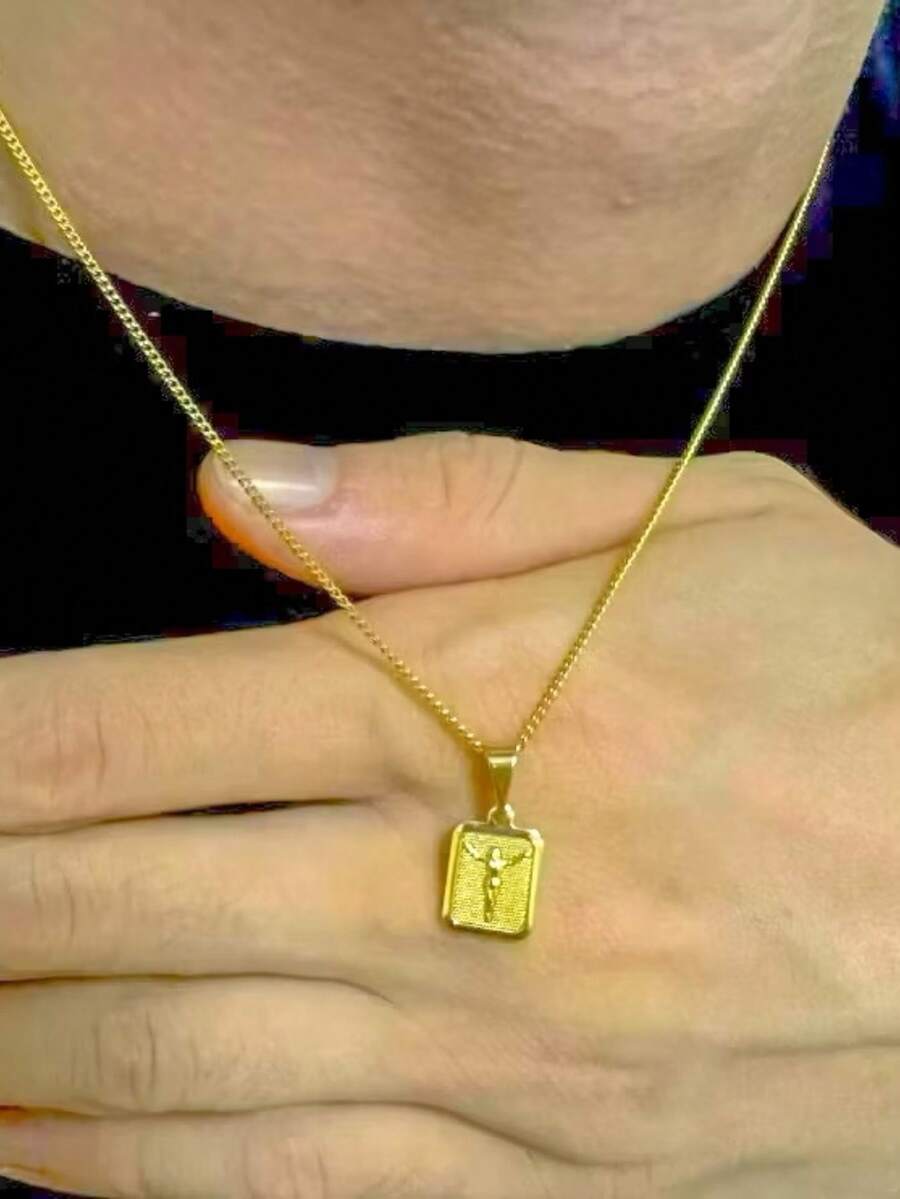 Short 925 Silver Men's Chain + Rectangular Christ Pendant Plated In 925 Silver - Vàng - Xem 1