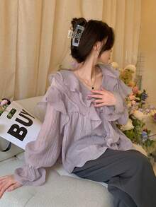 女式 V 领荷叶边长袖透明衬衫，时尚法式上衣，夏季 - 淡紫色 - 查看 2