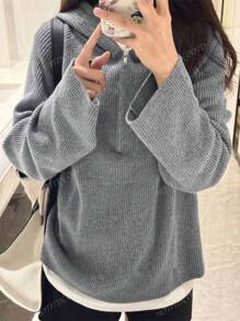 Women's Solid Color Half-Zip Hooded Long Sleeve Sweater, Autumn/Winter