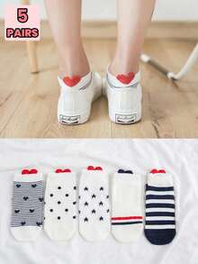 5 Pairs Women Short Socks With 3D Heart Design At Heel - Multicolor - View 1