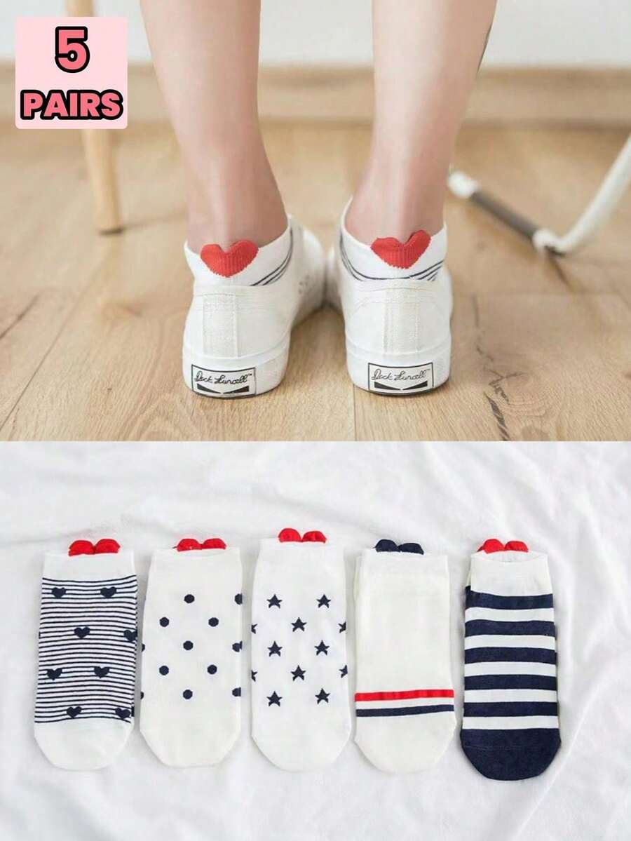 5 Pairs Women Short Socks With 3D Heart Design At Heel - Multicolor - View 1