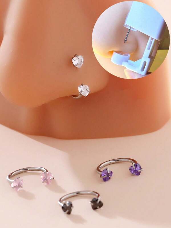 1-4pcs Disposable Sterile Nose Piercing Tool Kit, Includes Implant Grade Stainless Steel Nose Stud And Fashionable Heart-Shaped Shiny Nose Ring Suitable For Punk, Party