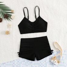 年轻女孩夏季纯黑色细肩带比基尼套装（含平角内裤） - 黑色 - 查看 6