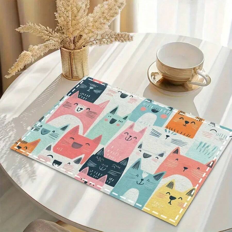 1/4/6 Kolorowe lniane podkładki stołowe z wzorem kota, 30 * 45 cm, wodoodporne, prostokątne podkładki z poliestru, stosowane w gospodarstwach domowych, dekoracjach restauracji, do spożywania posiłków wewnątrz i na zewnątrz, nadające się do prania w pralce, mogą być używane jako prezenty. - Wielokolorowe - Zobacz 1