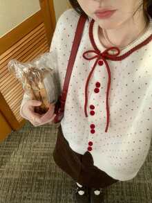 女士圆点花纹圆领开衫，秋冬青春风尚 - 紅白色 - 查看 4