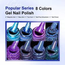 MEET ACROSS 8 件 Moonshadow 蓝色猫眼凝胶指甲油套装，超闪钻石迪斯科闪亮激光闪光凝胶抛光凝胶抛光半永久性可去除 UV LED 凝胶清漆，适合夏季指甲修甲套装带盒美甲 DIY 沙龙在家 - 彩色 - 查看 6