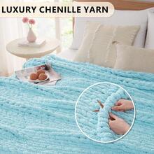 Chunky Knit Blanket - Soft Chenille Yarn Throws 40x50: Handmade Thick Cable Crochet Blanket - Large Chunky Yarn Rope Knot Throw For Couch, Sofa, Bed Home Decor - 淺藍色 - 查看 3