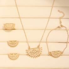 Set de 5 piezas de joyería estilo bohemio de aleación de zinc con perlas en forma de media luna - collar, anillo, aretes y pulsera