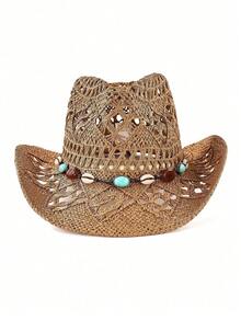 1 件纯色波西米亚休闲串珠宝石镂空防紫外线装饰编织巴拿马帽，时尚百搭，适合所有季节 - 巴拿馬草編帽 - 查看 12