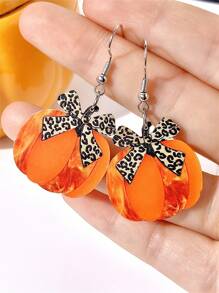 1 Pair Charming Leopard Bow Ribbon & Pumpkin Acrylic Drop Earrings, Perfect Thanksgiving Gift, Cute Holiday Style For Daily Wear, Women